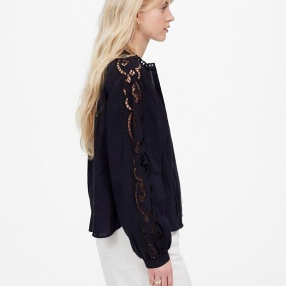 NWT Madewell Black Lace-Inset Pintucked Button-Up Top - Size: XXS - Picture 11 of 13